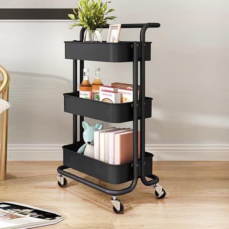 3 Tier Metal Storage Trolley on Wheels, Kitchen Bathroom Utility Cart, Black or White, 86x42cm