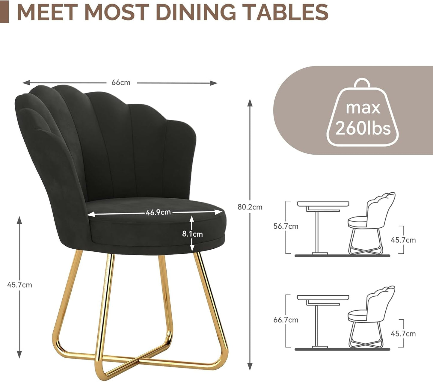 Black Velvet Vanity Chair – Petal Back, Gold Metal Frame, Dressing Table Chair for Bedroom & Makeup Area