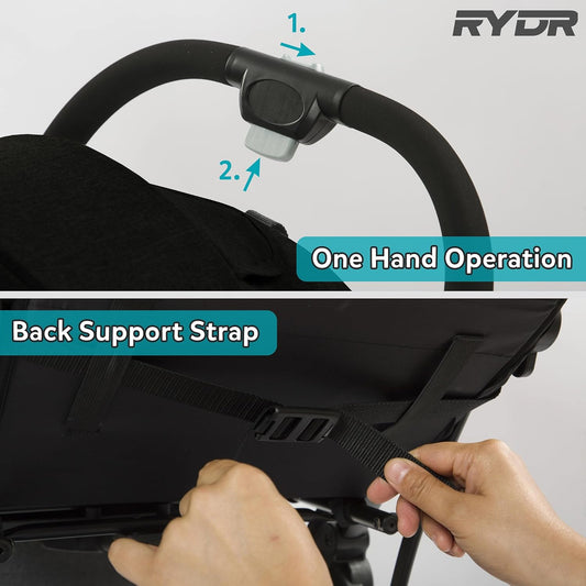 RYDR C8 Compact Travel Pushchair | Lightweight Baby Stroller/Pram/Buggy for 0–3 years/15kg | Easy One-Hand Fold, 5-Point Harness, Adjustable Back, Leg Rest and Canopy, Shopping Basket (Black)