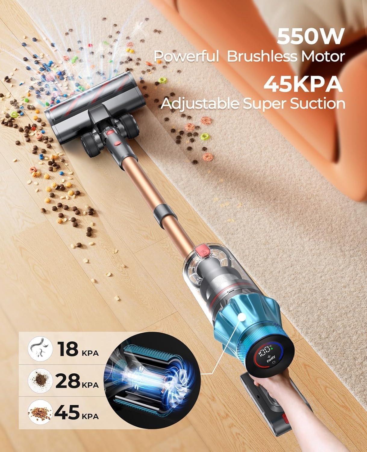 Fieety 550W Cordless Stick Vacuum Cleaner – 45,000Pa Suction, 60-Min Runtime, Touch Display & Charging Dock