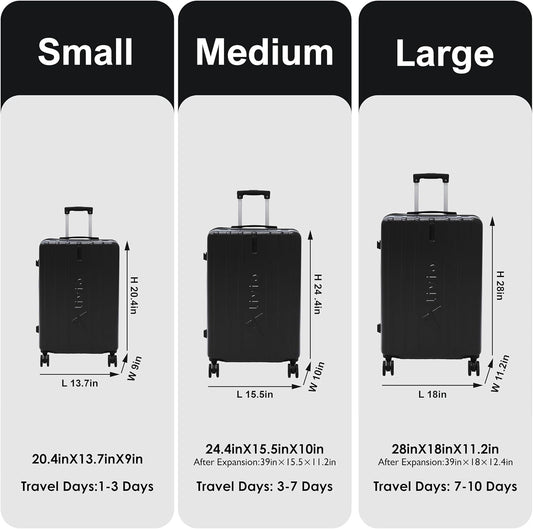 Alivio 3 Piece Hard-Shell Luggage Set with Secure Number Lock, 360 Spinner Wheels & 3-Step Telescopic Handle – Lightweight Travel Trolley Suitcase Set (Small/Medium/Large) (Black)