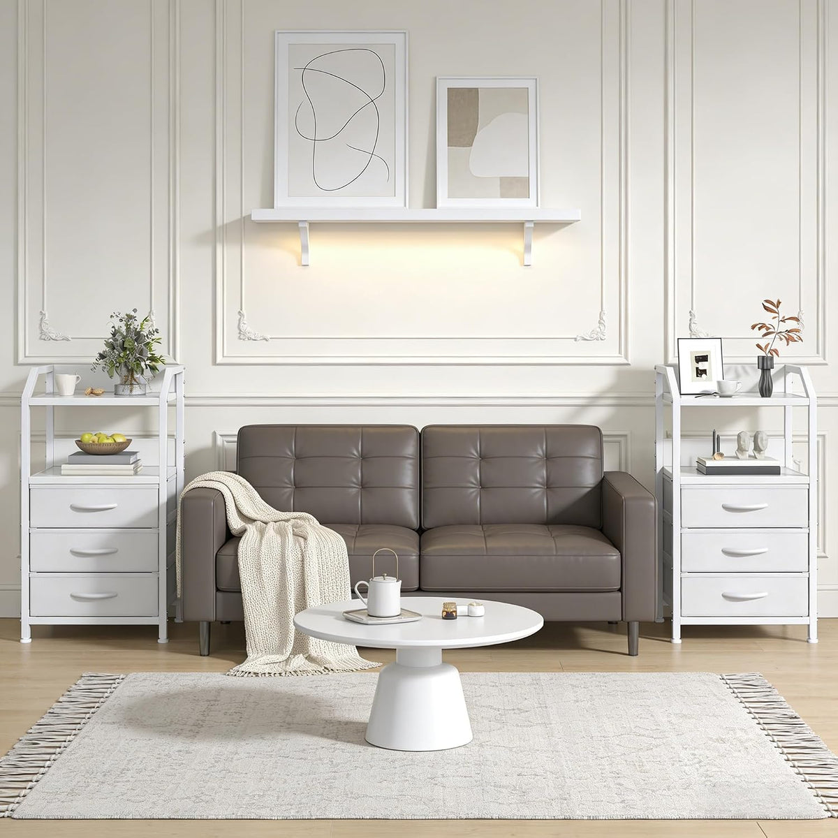 White 3 Drawer Fabric Storage Unit with Open Shelf, Bedside Table, Metal Frame 40x30x72cm