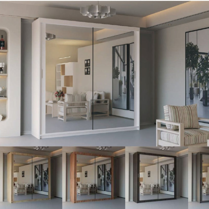 Advertisement for sliding door wardrobes with product images and specifications.