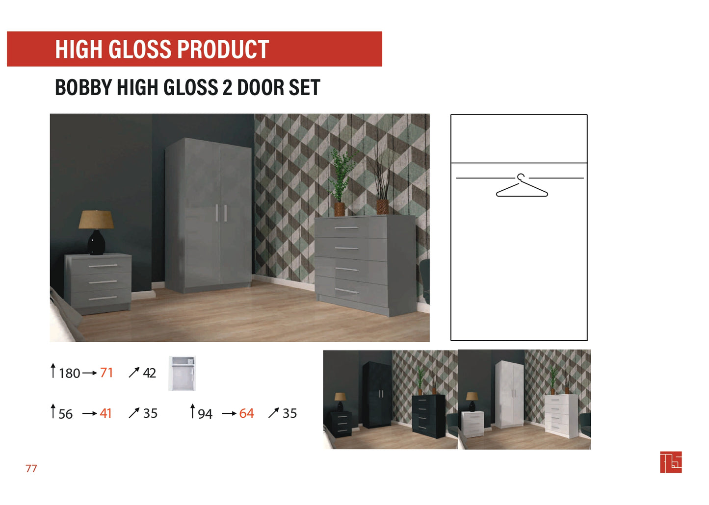 Bobby 2 Door High Gloss Wardrobe