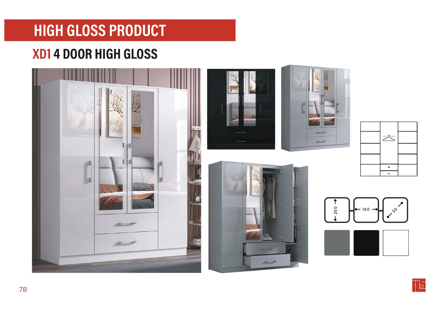 XD1 4 Door High Gloss Wardrobe