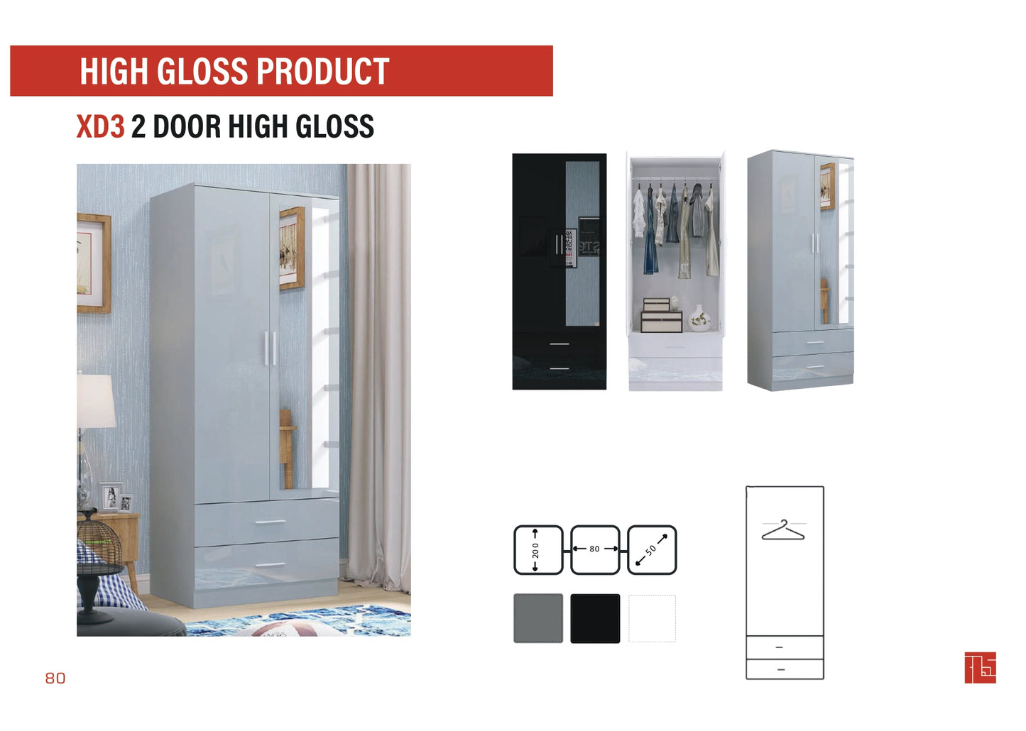 XD3 2 Door High Gloss Wardrobe
