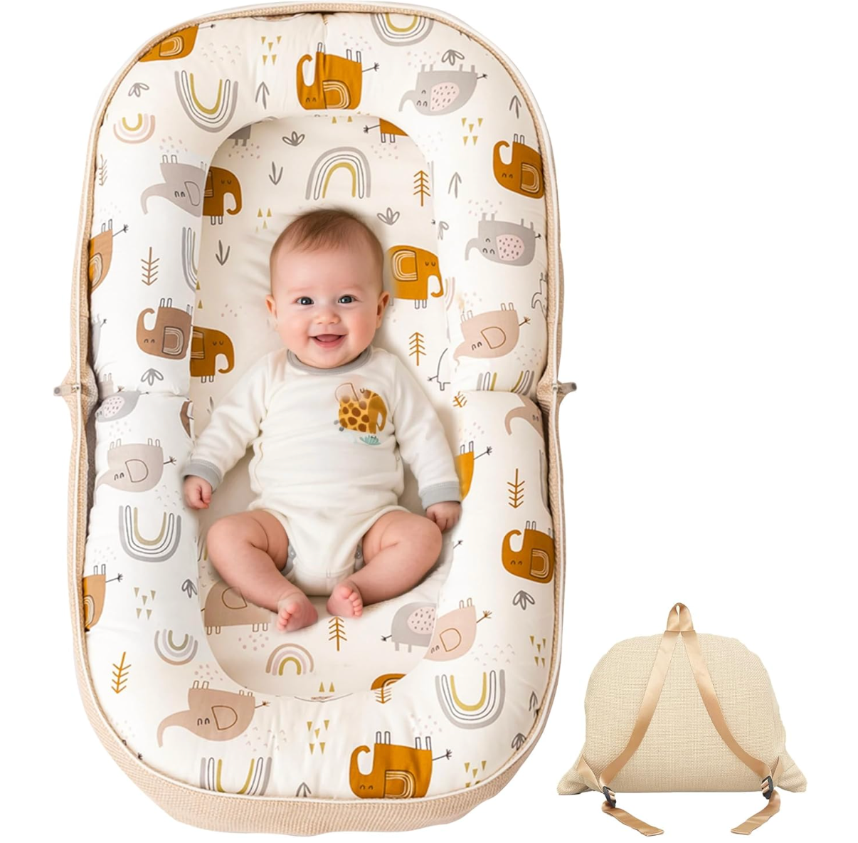 Violety Baby Nest & Lounger – 80×40cm Portable Newborn Lounger with Memory Foam Mat | Breathable 100% Cotton | Converts to Travel Backpack | 0–12 Months (White Elephant)