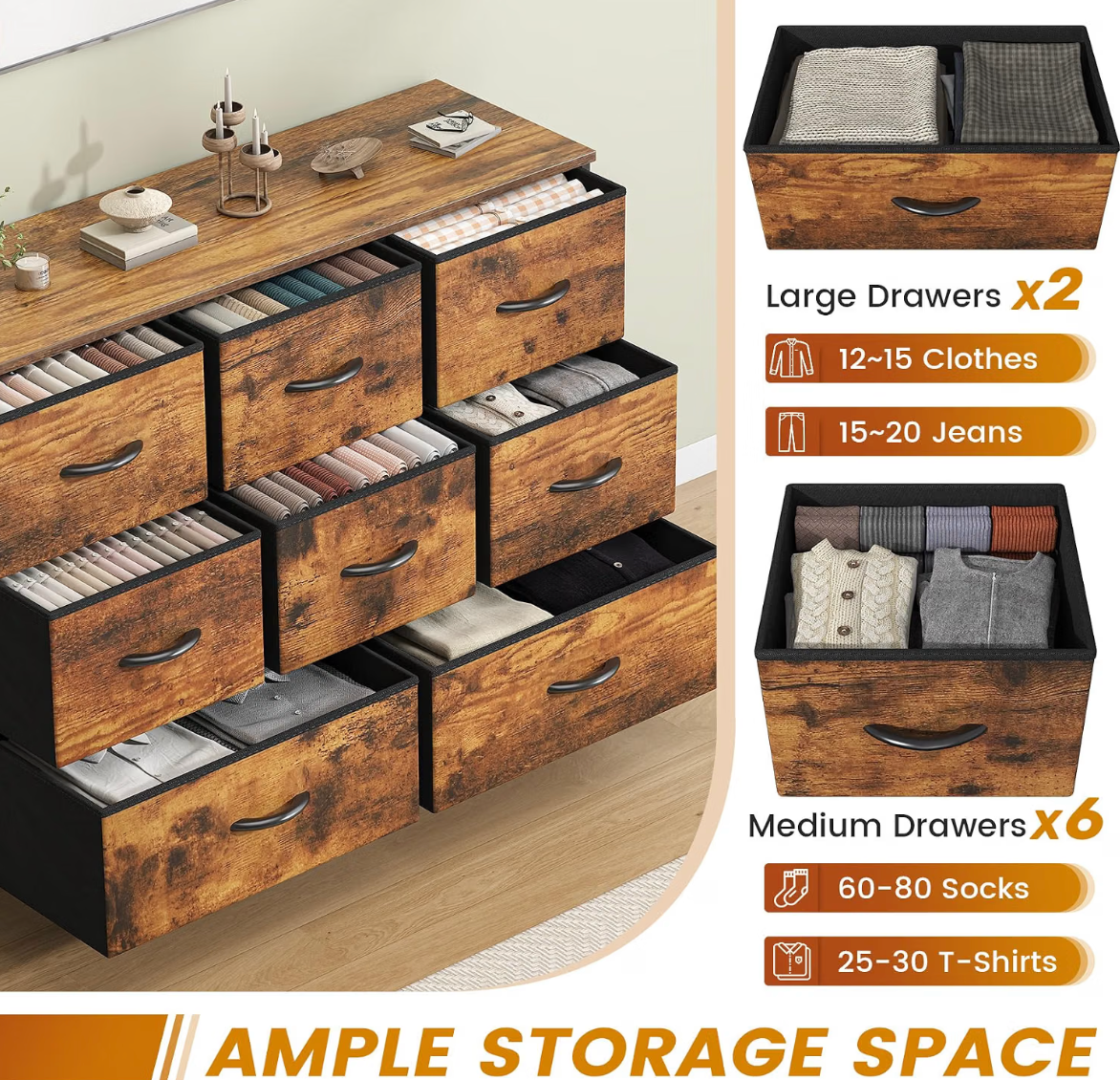 Industrial 8-Drawer Fabric Storage Chest – Rustic Brown Wood Effect & Black Metal Frame, 2 Large & 6 Medium Drawers