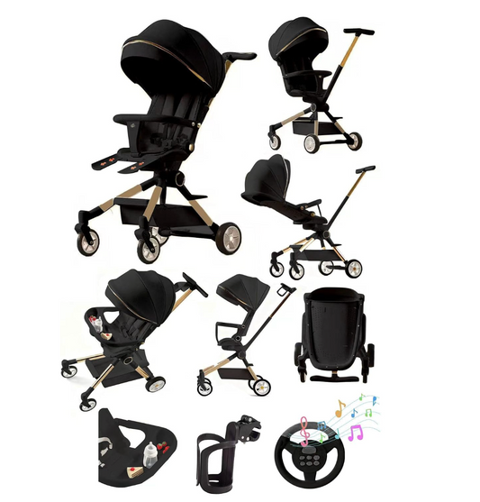 Lightweight Folding Baby Stroller with 360° Rotating Seat – Parent & World Facing Pushchair with Reclining Backrest, UV Sun Canopy & Storage Basket – Beige | Black