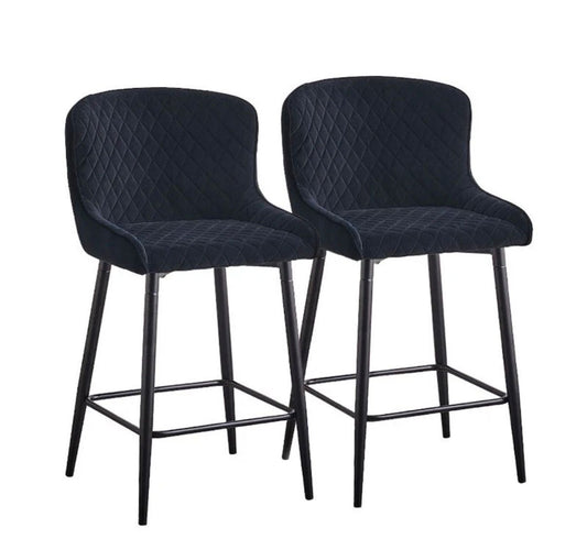 Set of 2 Modern Velvet Bar Stools with Metal Legs – Black