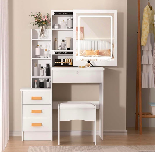 Modern LED Dressing Table with Mirror & Stool — Adjustable Lighting, 4 Drawers & 6 Shelves