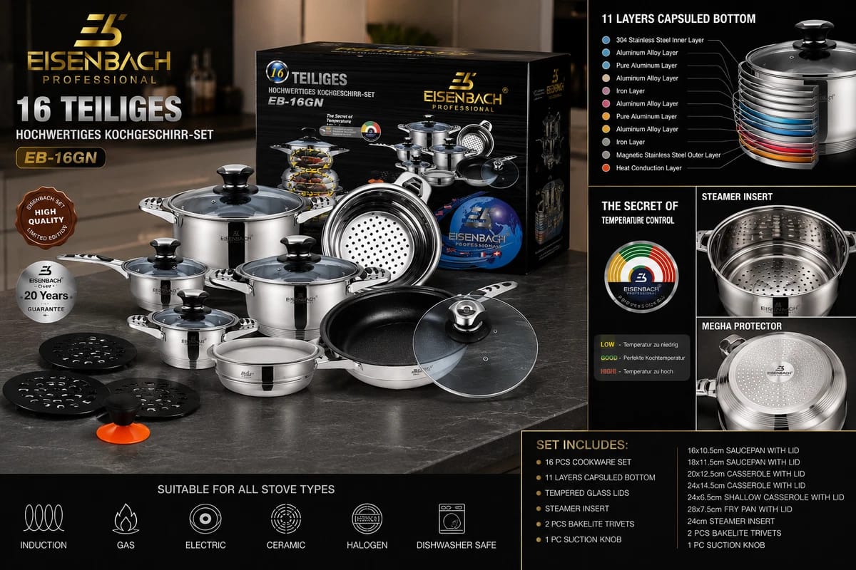 16 Piece Stainless Steel Cookware Set Pots and Pans Set with Lids Gas Electric Induction Hob Compatible
