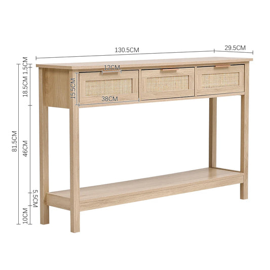 Living and Home 3 Drawer Rattan Rustic Wood Console Table – Brown