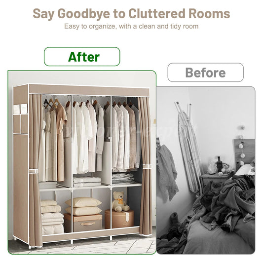 Large Fabric Canvas Wardrobe with Clothes Hanging Rail Shelving Storage Closet
