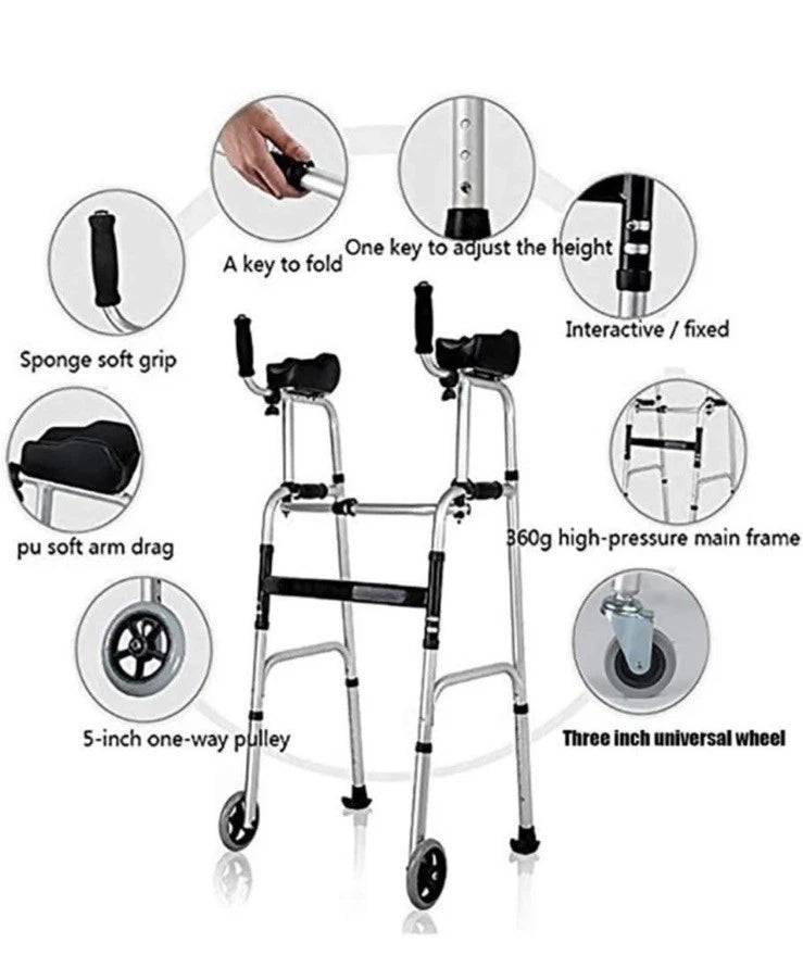 Walking Frame with Armrest Support Pad - Adjustable Height - Folding Lightweight