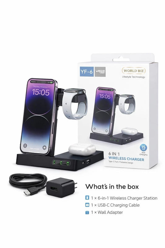 YF-6 6 in 1 Wireless Charger 15W Fast Charging Station Foldable Stand