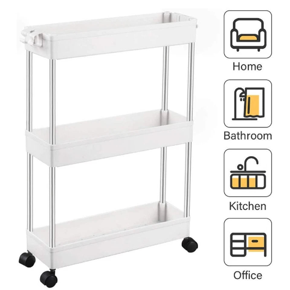 3-Tier Rolling Storage Trolley Cart – Slim Rack for Kitchen, Bathroom & Laundry