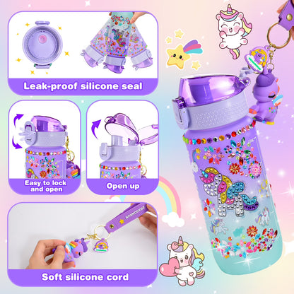 Decorate Your Own Unicorn Water Bottle – Craft Kit for Girls Ages 5–12 with Gem Stickers, Unicorn Pendant & 600ml Bottle – Birthday Gift Idea