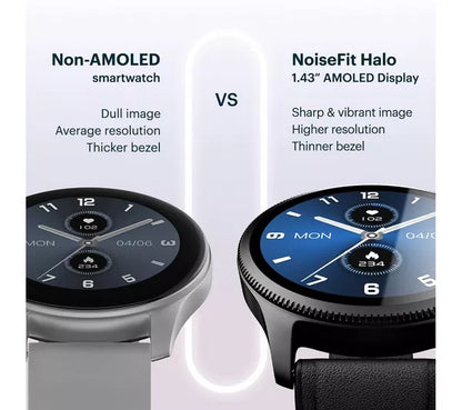 Noise NoiseFit Halo Smartwatch – 1.43" AMOLED Round Display, Bluetooth Calling, Metallic Build, IP68 & 7-Day Battery – Jet Black Silicone Strap