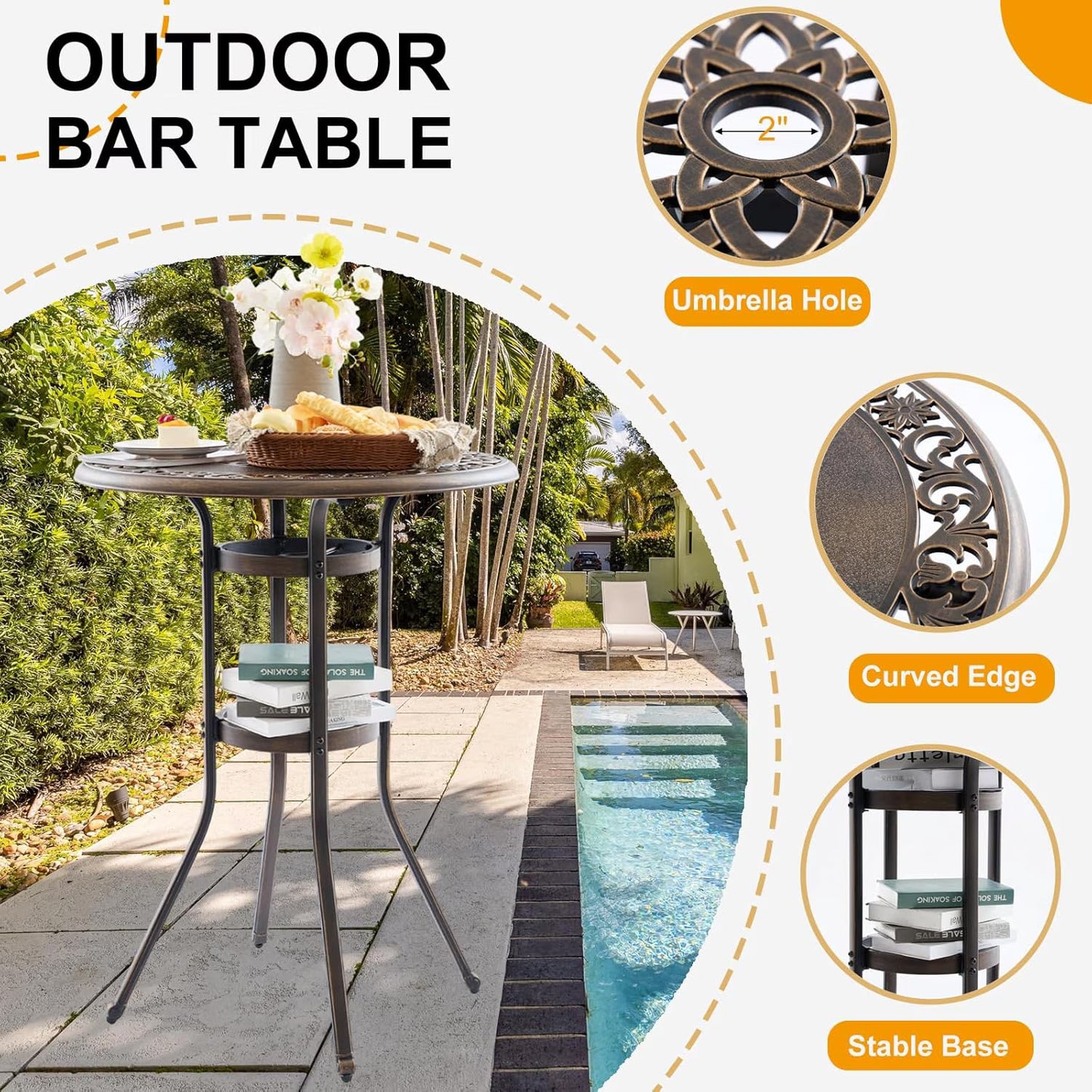 Outdoor Bar Height Table & Swivel Stool Set — 31.5" Round Cast Aluminum Patio Pub Table with Umbrella Hole + 2 High Top Bar Chairs with 360° Swivel & Removable Cushions (Bronze)