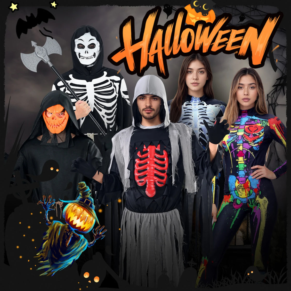 Men’s Dark Halloween Cosplay Costume Mask Gloves Beanie Fancy Dress Party- Universal size