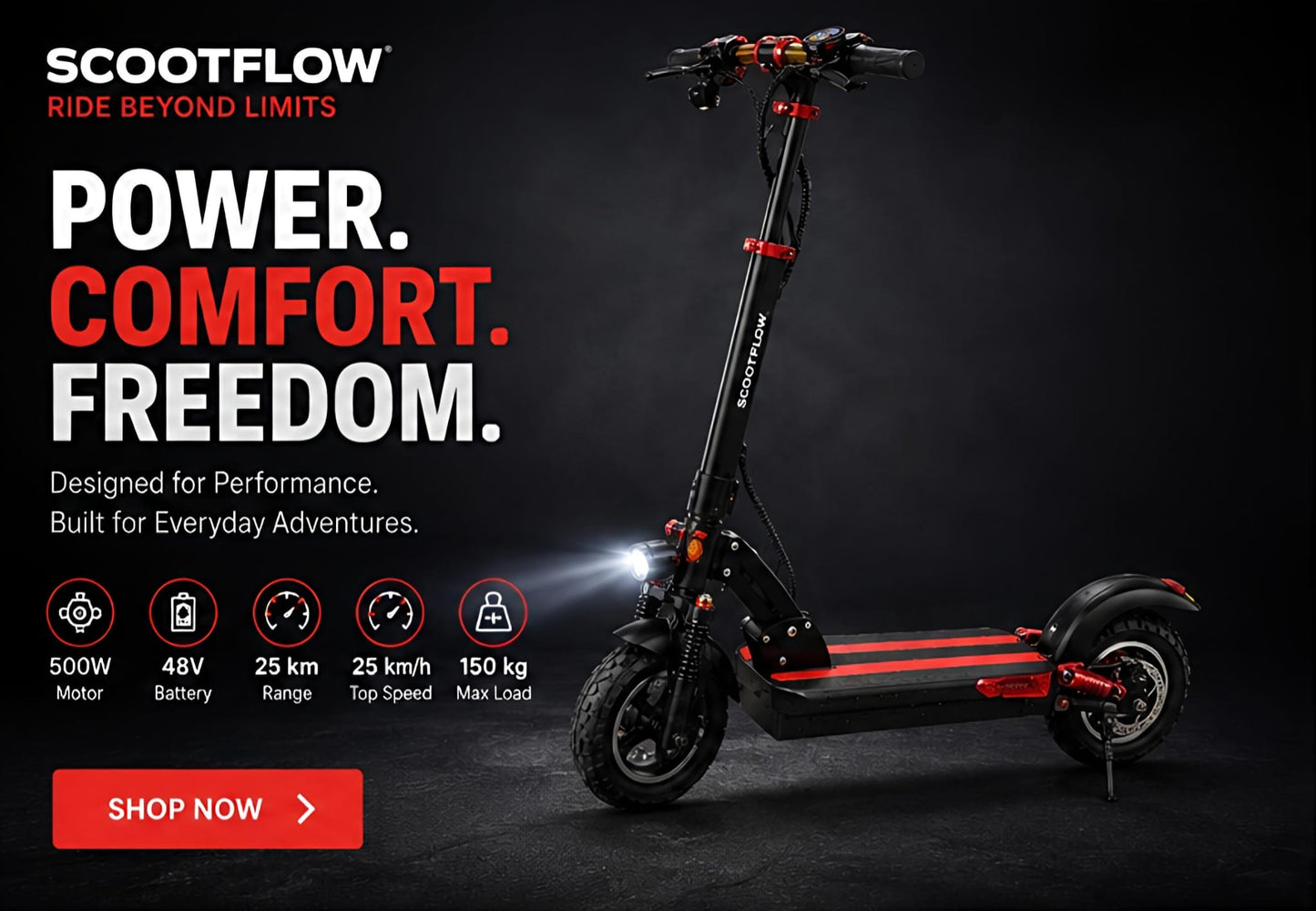 Scootflow Electric Scooter 500W 48V Adult E-Scooter 25km Range 25km/h LED Lights Front Rear Suspension 150kg Max Load Foldable