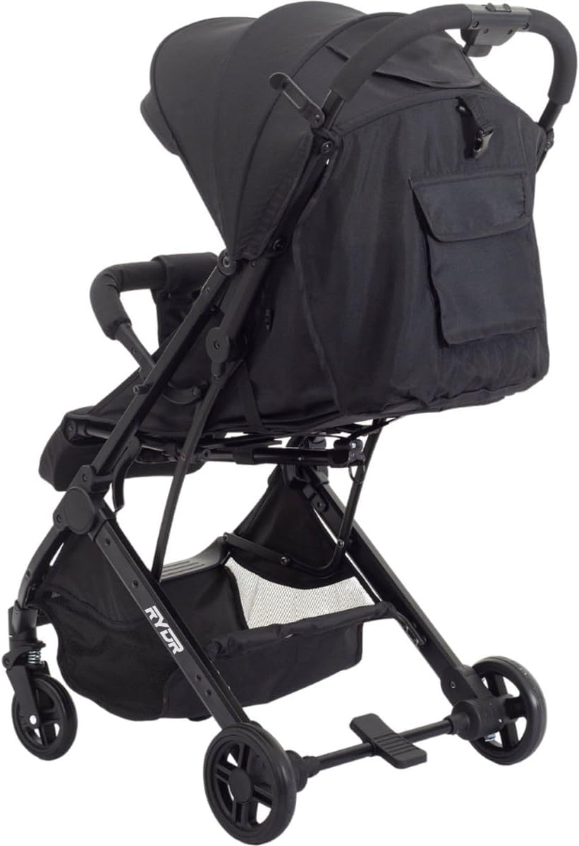 RYDR C8 Compact Travel Pushchair | Lightweight Baby Stroller/Pram/Buggy for 0–3 years/15kg | Easy One-Hand Fold, 5-Point Harness, Adjustable Back, Leg Rest and Canopy, Shopping Basket (Black)