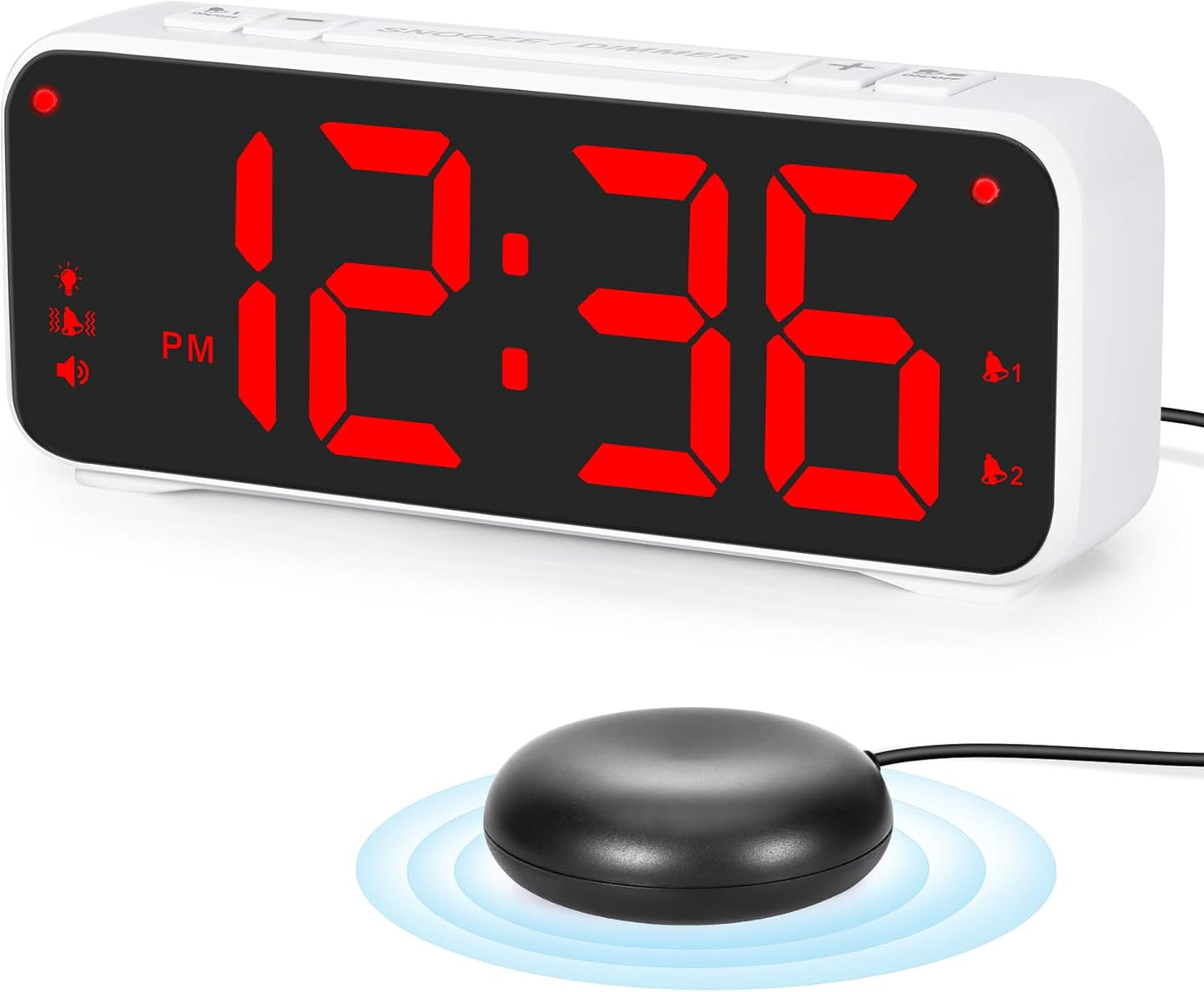 Sukeen Loud Alarm Clock with Bed Shaker – For Heavy Sleepers, 6.5" LED Display, Dual Alarm, USB Charger