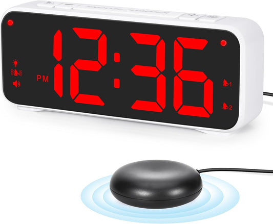Sukeen Loud Alarm Clock with Bed Shaker – For Heavy Sleepers, 6.5" LED Display, Dual Alarm, USB Charger
