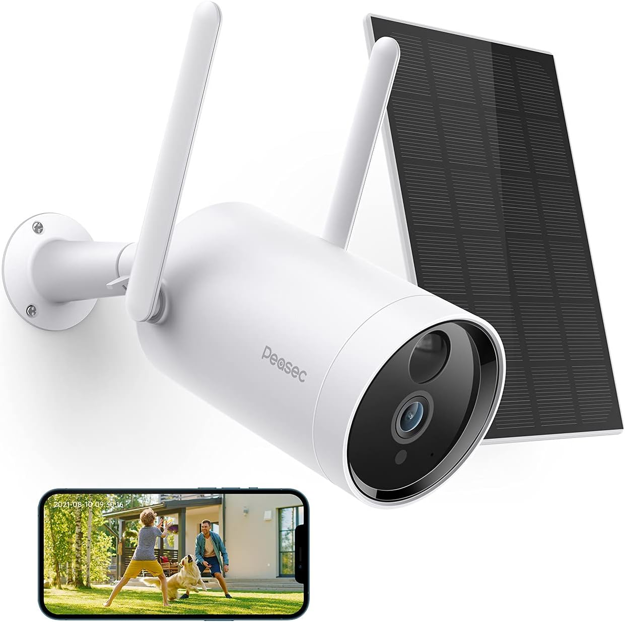 Solar Security Camera, Peasec 1080P Wireless Night Vision Outdoor Security Camera for Home, Rechargeable Battery WiFi Security Camera with Human & Motion Detection, Support Multi Device & User, IP65