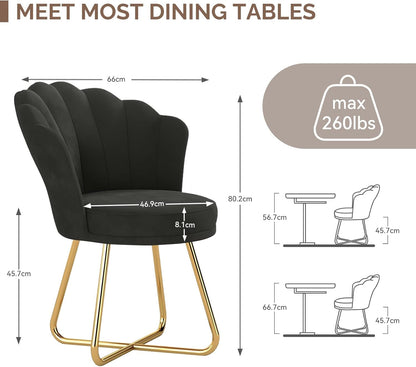 Black Velvet Vanity Chair – Petal Back, Gold Metal Frame, Dressing Table Chair for Bedroom & Makeup Area