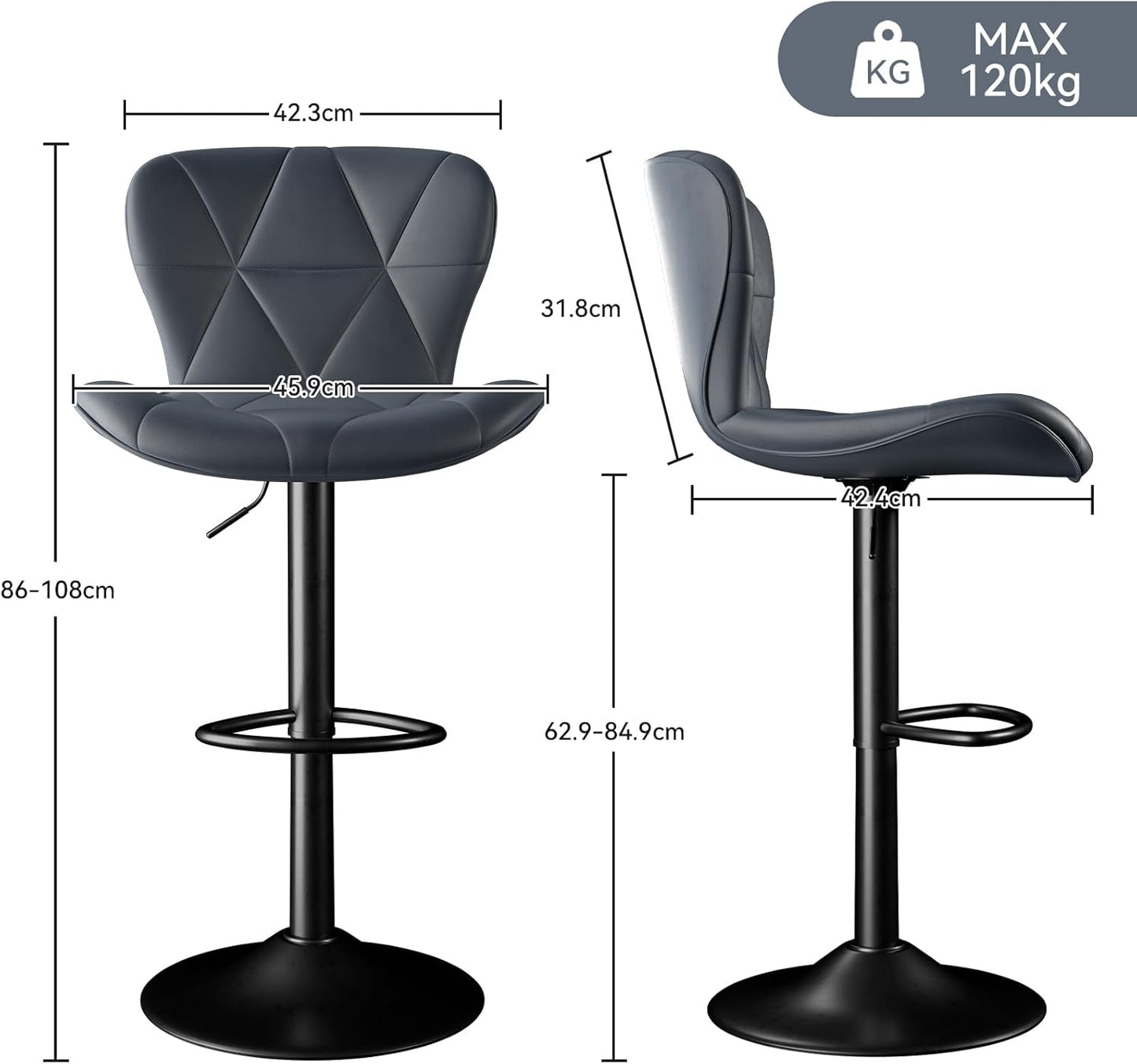 Faux Leather Bar Stools, Swivel with Backrest & Footrest, Kitchen Island