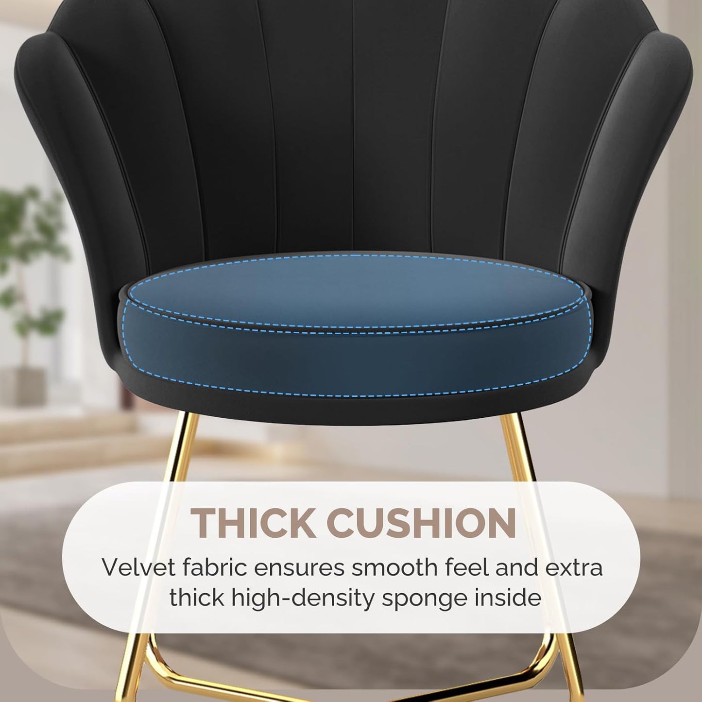 Black Velvet Vanity Chair – Petal Back, Gold Metal Frame, Dressing Table Chair for Bedroom & Makeup Area