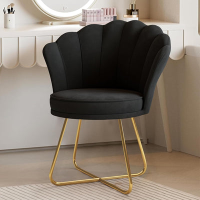 Black Velvet Vanity Chair – Petal Back, Gold Metal Frame, Dressing Table Chair for Bedroom & Makeup Area