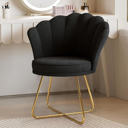 Black Velvet Vanity Chair – Petal Back, Gold Metal Frame, Dressing Table Chair for Bedroom & Makeup Area
