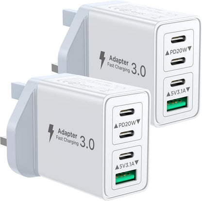 2-Pack USB C Charger, 40W USB C Plug Fast Charger 4 Port PD Type C Charging Plug+QC USBPlug UK USBC Power Adapter Multi Plugs Samsung Charging Plugs for iPhone 16 15 14 13 Pro Max XR XS, iPad,Samsung