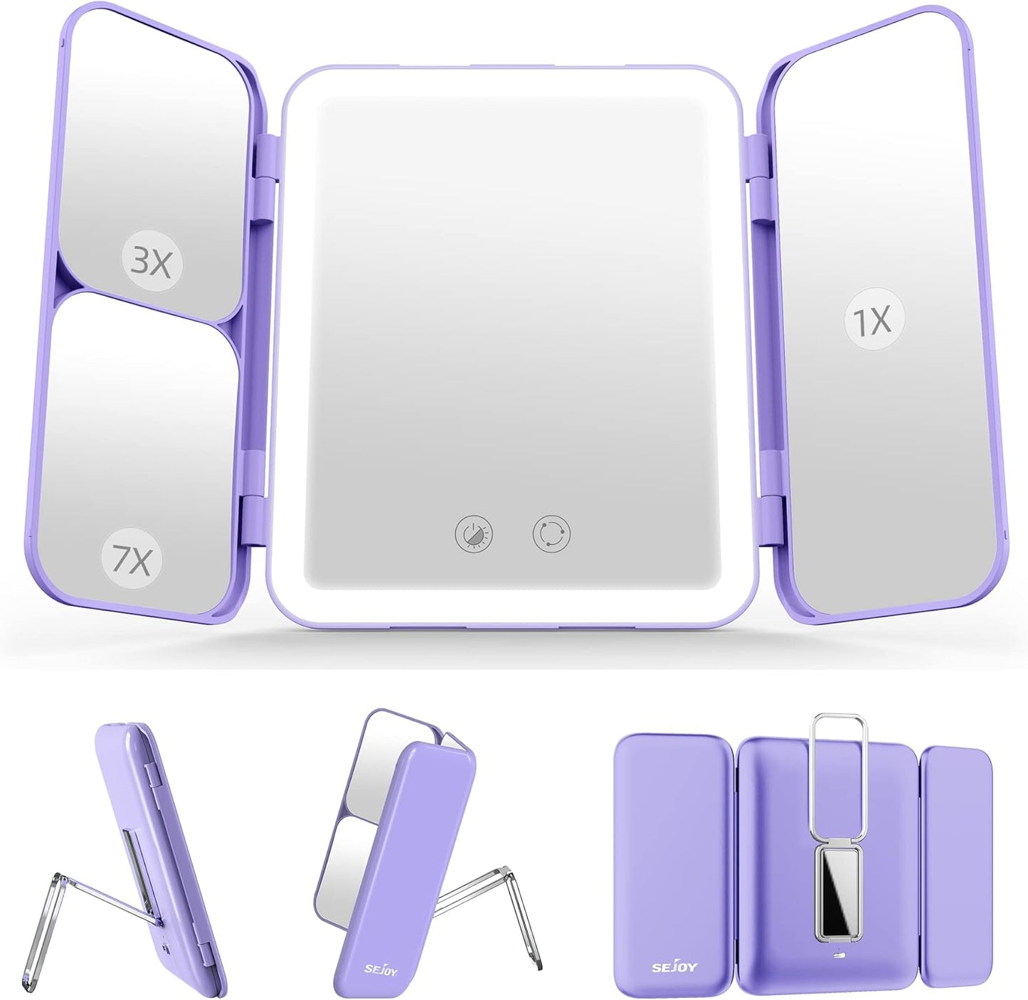SEJOY Tri-Fold LED Makeup Mirror – 1X/3X/7X Magnification, 3 Light Colours, Rechargeable (Purple)