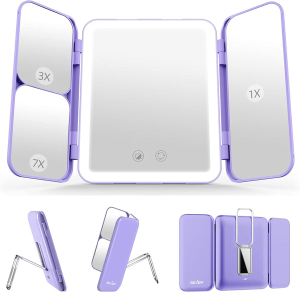SEJOY Tri-Fold LED Makeup Mirror – 1X/3X/7X Magnification, 3 Light Colours, Rechargeable (Purple)