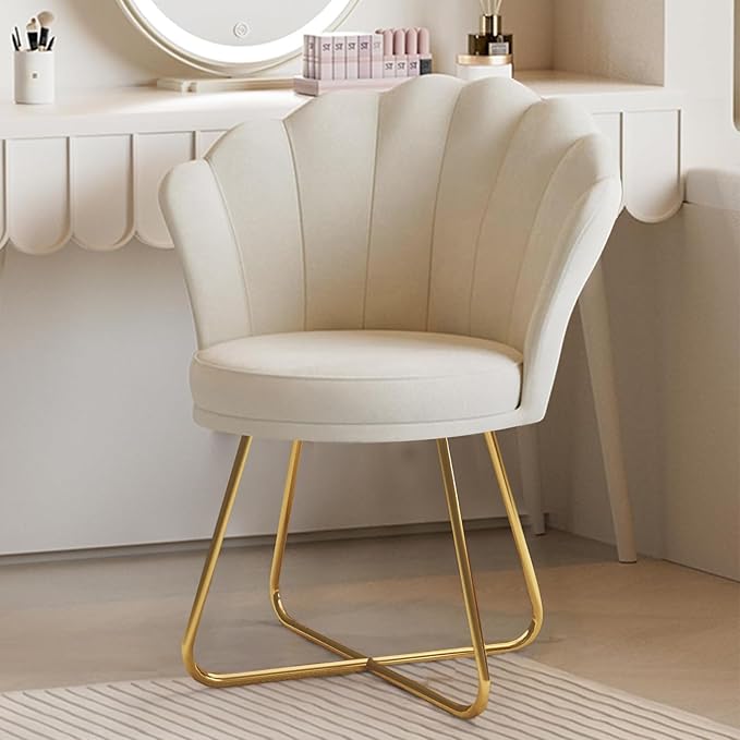Black Velvet Vanity Chair – Petal Back, Gold Metal Frame, Dressing Table Chair for Bedroom & Makeup Area