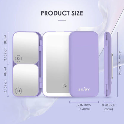 SEJOY Tri-Fold LED Makeup Mirror – 1X/3X/7X Magnification, 3 Light Colours, Rechargeable (Purple)