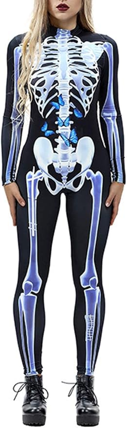 Women’s Skeleton Jumpsuit Halloween Costume – Long Sleeve Skull Bone Print Catsuit for Cosplay, Carnival & Theme Parties