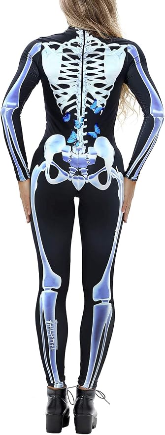 Women’s Skeleton Jumpsuit Halloween Costume – Long Sleeve Skull Bone Print Catsuit for Cosplay, Carnival & Theme Parties