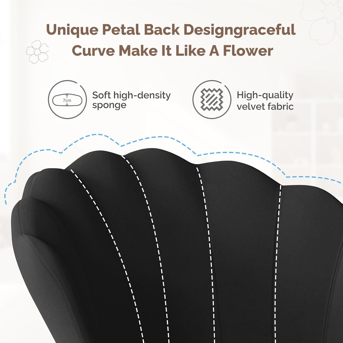 Black Velvet Vanity Chair – Petal Back, Gold Metal Frame, Dressing Table Chair for Bedroom & Makeup Area