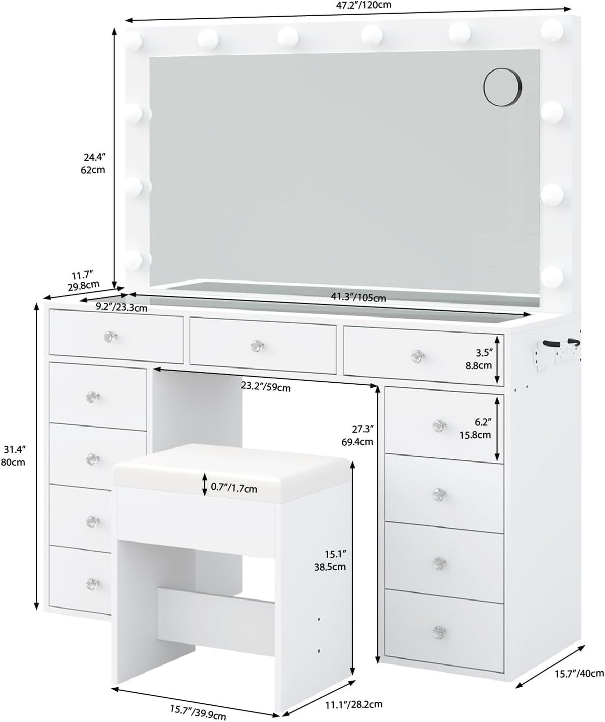 11 Drawer Dressing Table with Mirror and Lights – Hollywood LED Vanity Desk with Power Outlet, USB Ports, Glass Top, Fold-Up Panel and Stool – White, 120cm