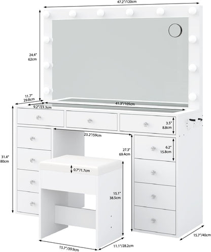 11 Drawer Dressing Table with Mirror and Lights – Hollywood LED Vanity Desk with Power Outlet, USB Ports, Glass Top, Fold-Up Panel and Stool – White, 120cm