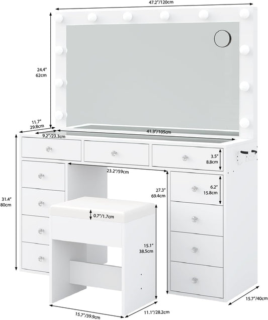 11 Drawer Dressing Table with Mirror and Lights – Hollywood LED Vanity Desk with Power Outlet, USB Ports, Glass Top, Fold-Up Panel and Stool – White, 120cm