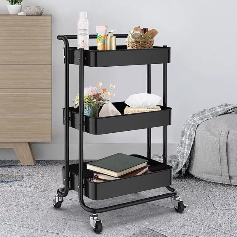 3 Tier Metal Storage Trolley on Wheels, Kitchen Bathroom Utility Cart, Black or White, 86x42cm