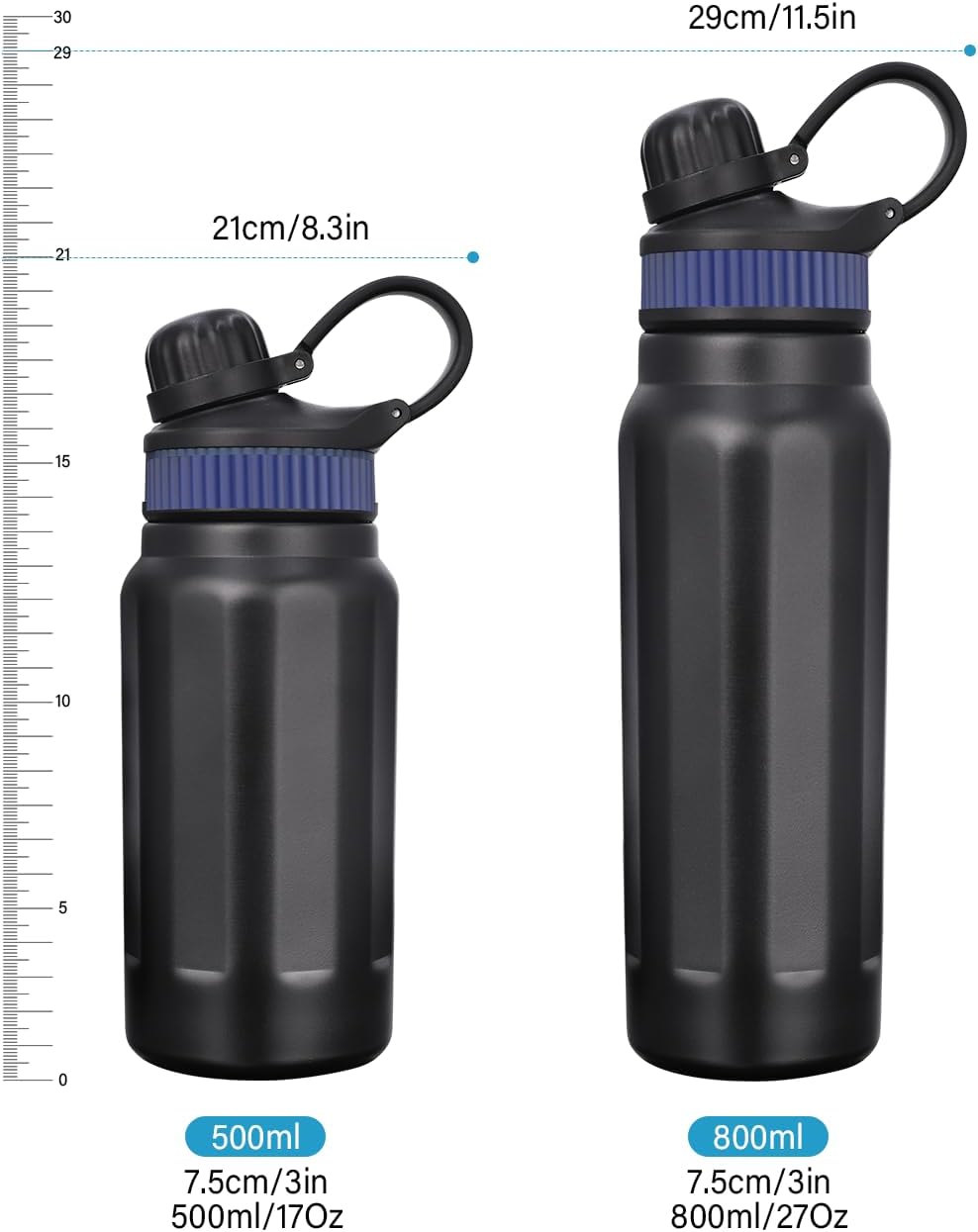 Insulated Stainless Steel Water Bottle 800ml - Leak Proof Water Bottle for On the Go with Straw, 2 Silicone Bands - BPA Free - Insulated Flask for Adults, Fitness, Sports