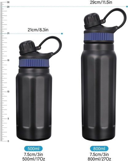 Insulated Stainless Steel Water Bottle 800ml - Leak Proof Water Bottle for On the Go with Straw, 2 Silicone Bands - BPA Free - Insulated Flask for Adults, Fitness, Sports