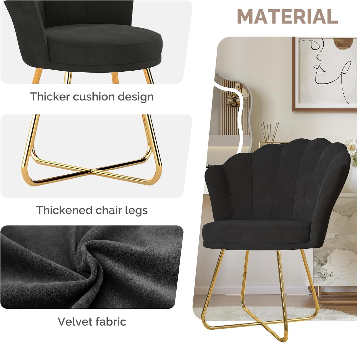 Black Velvet Vanity Chair – Petal Back, Gold Metal Frame, Dressing Table Chair for Bedroom & Makeup Area